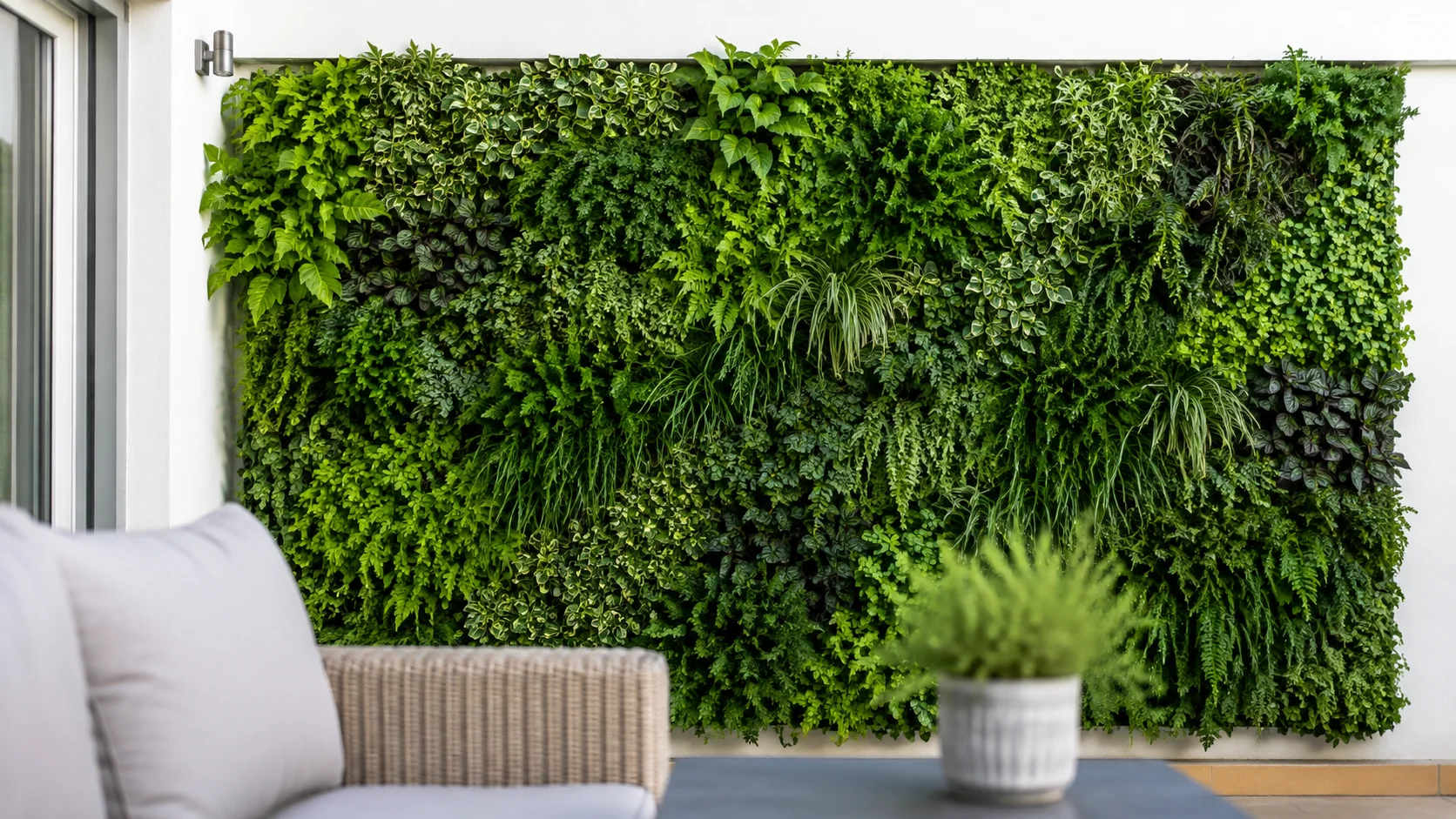 Jardín vertical artificial cubriendo la pared de una terraza