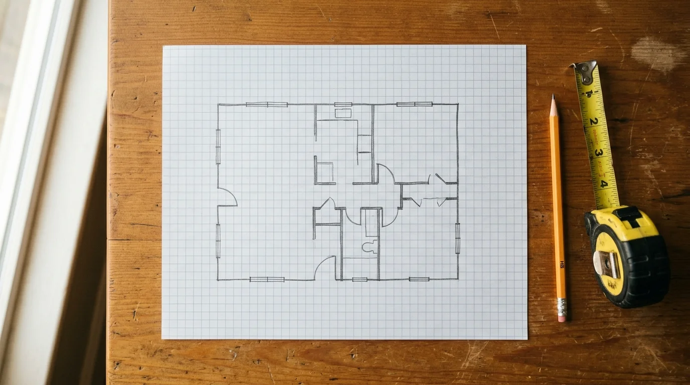 Croquis a mano con las medidas de una terraza para calcular el césped necesario