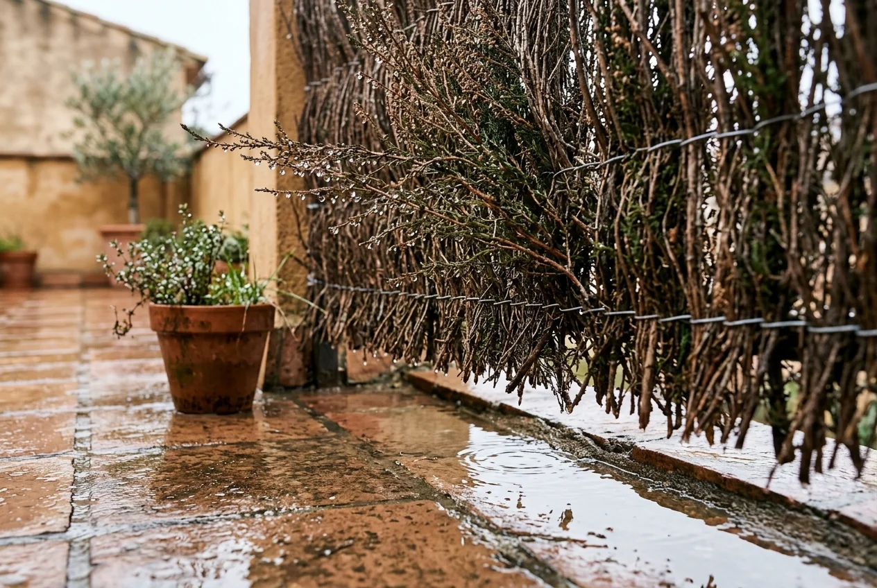 Cerramiento de brezo mojado por la lluvia, separado unos centímetros del suelo