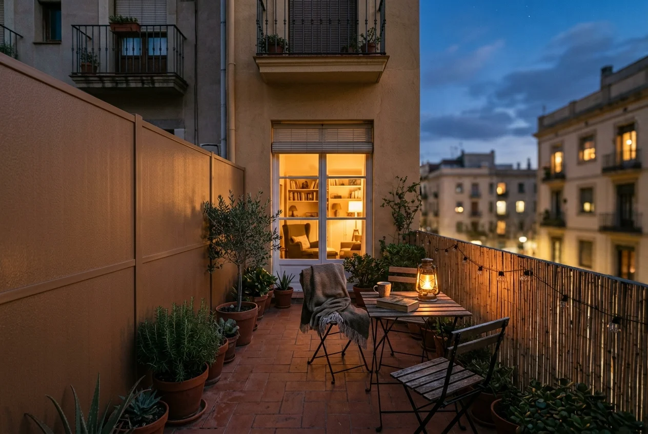 Terraza al anochecer en invierno con cerramiento que tapa la vista de los vecinos